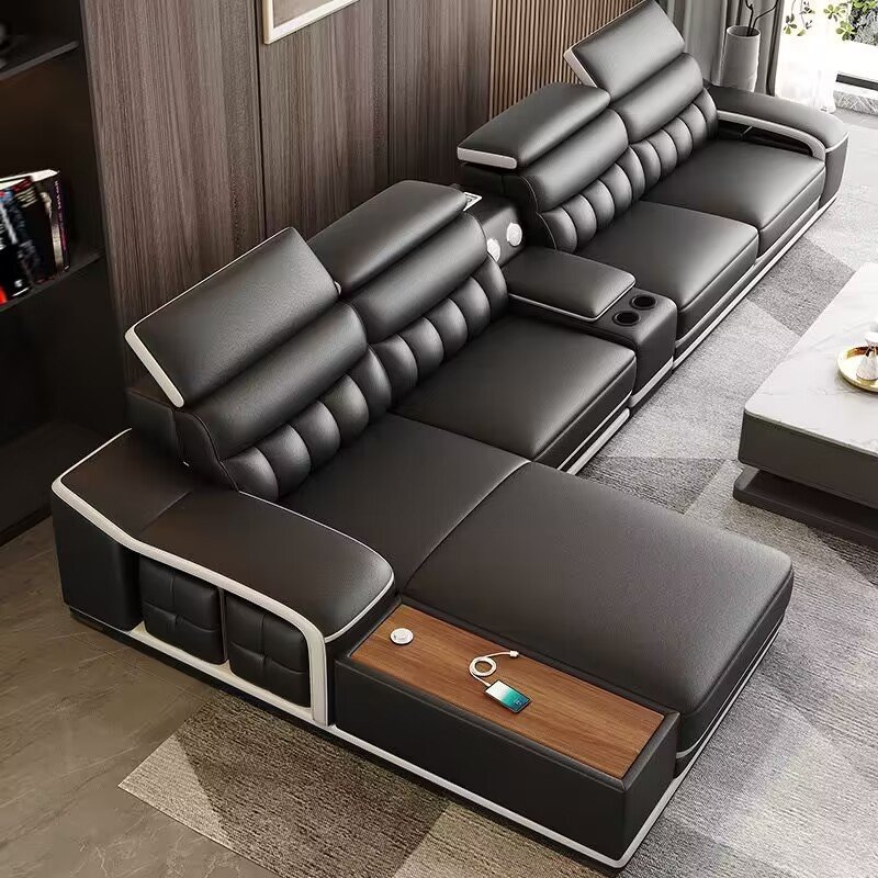 High-End Luxury Cowhide Top Layer Living Room Sofa Set Elegant L-Shape Furniture with Elegant Design