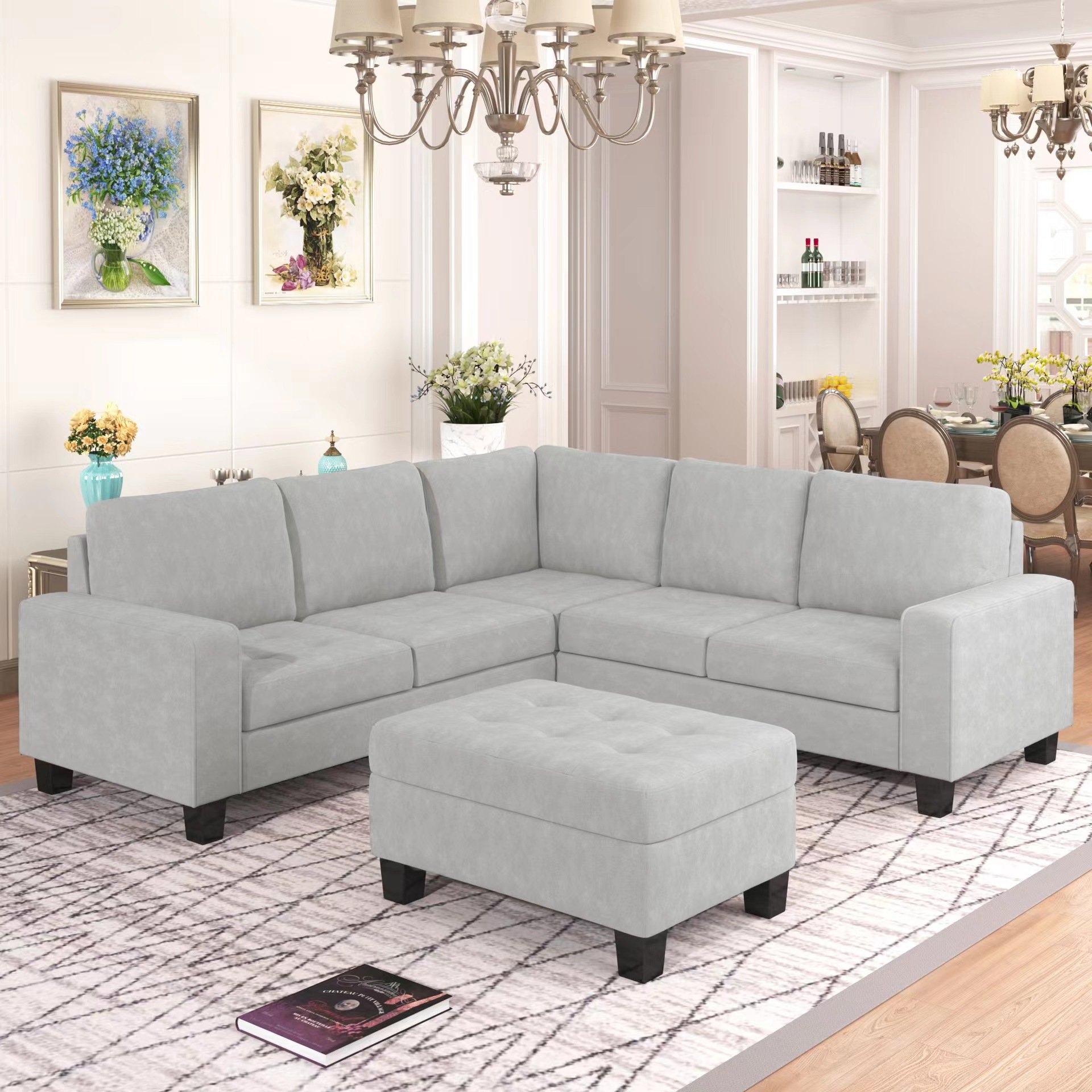 Multi-Functional L Shape Fabric Tufted Sectional Couch Corner Sofa with Storage Ottoman Modular Living Room Sofa with Chaise