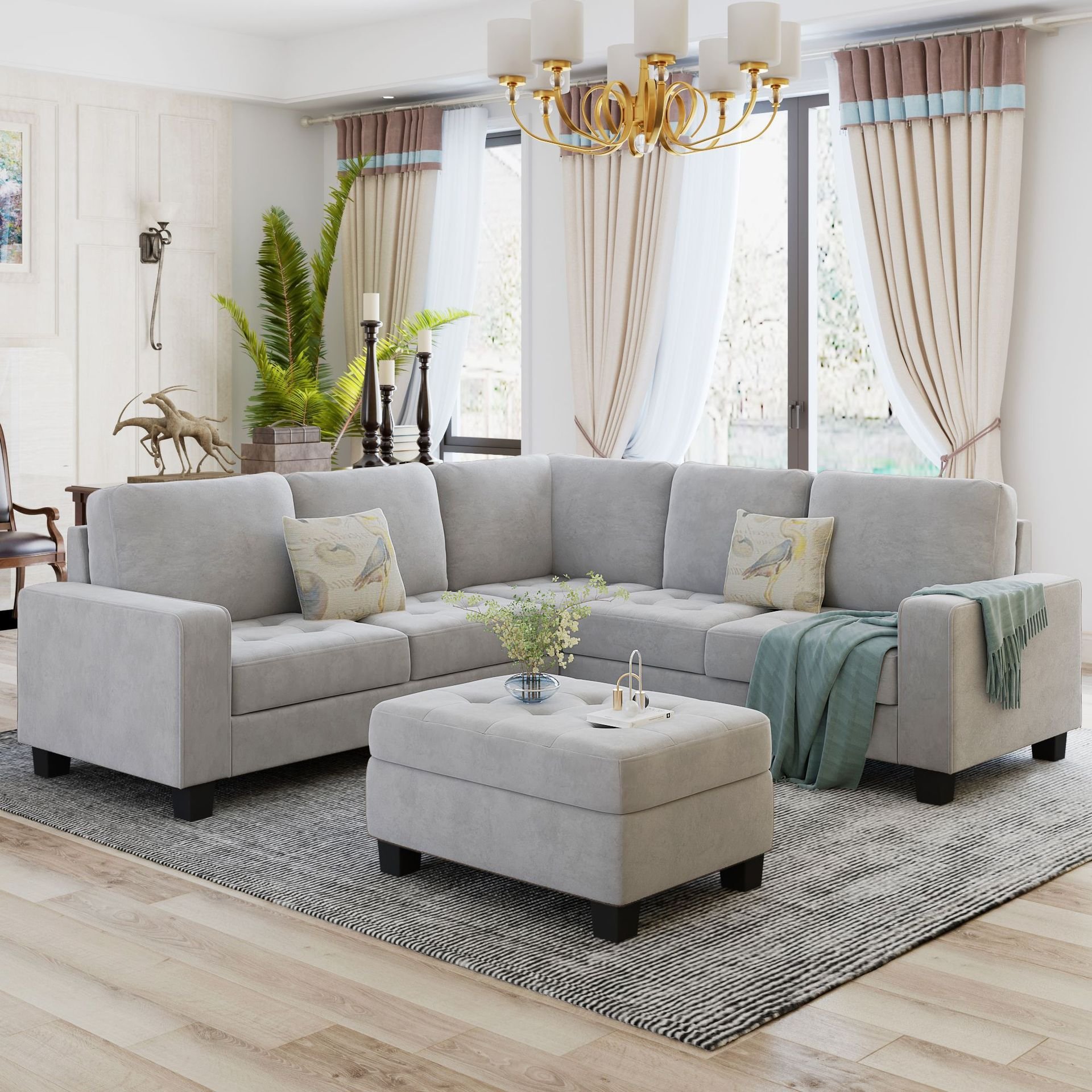 Multi-Functional L Shape Fabric Tufted Sectional Couch Corner Sofa with Storage Ottoman Modular Living Room Sofa with Chaise