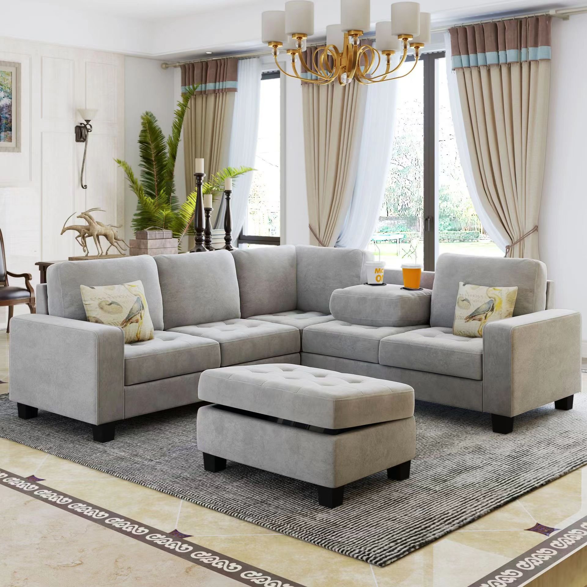 Multi-Functional L Shape Fabric Tufted Sectional Couch Corner Sofa with Storage Ottoman Modular Living Room Sofa with Chaise