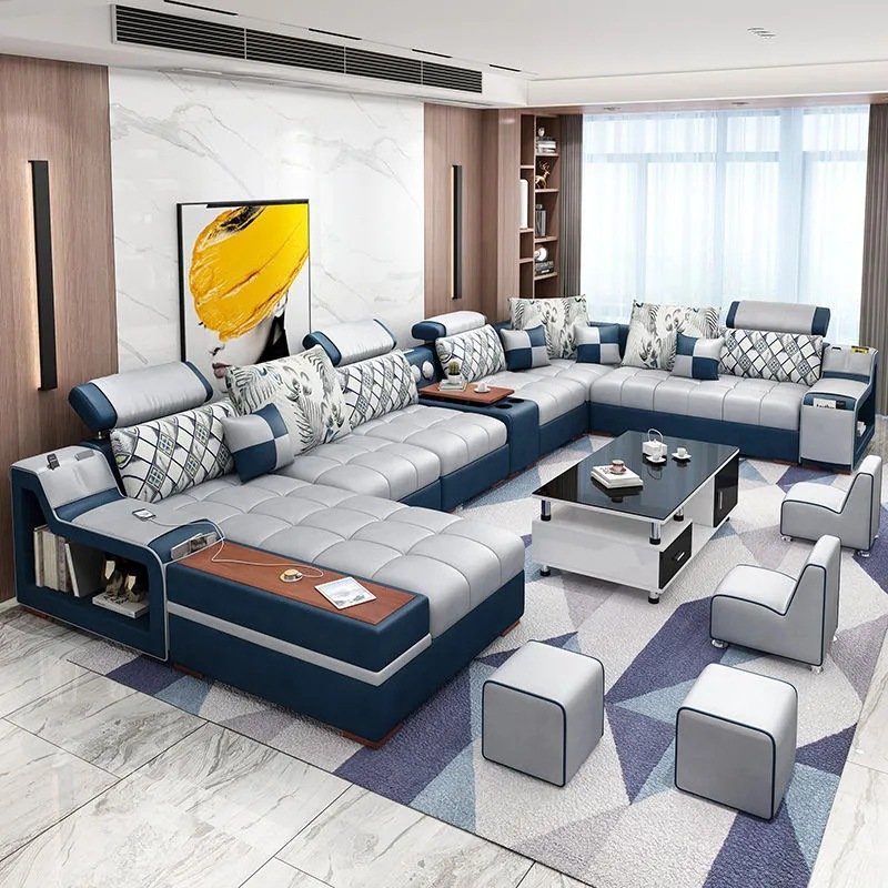 Cheap Price Home Modern Design Reclinable Blue Waterproof Relax Sectional Sofa Set Furniture 7 Seater For Living Room Bedroom