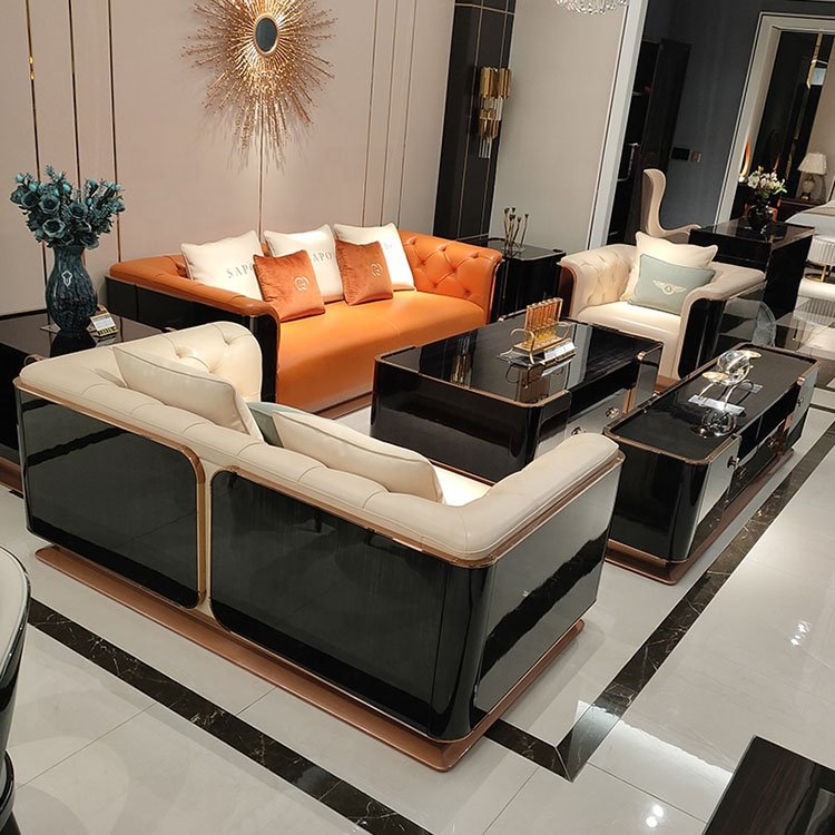 100% blue real leather Luxury royal furniture manufacturers designs home office lounges living room sofa golden