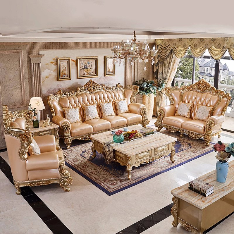 Antique Solid Wooden Sofa Set 7 Seater Luxury Lounge Sofa Classic Royal Arab Middle East European Style 1 2 3 Combination Sofa