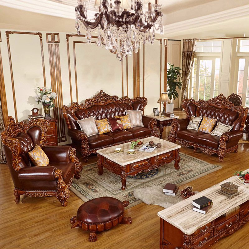 Antique Solid Wooden Sofa Set 7 Seater Luxury Lounge Sofa Classic Royal Arab Middle East European Style 1 2 3 Combination Sofa