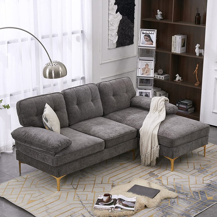 Living Room Chenille Fabric L Shape 3 Seat Sectional Sofa Couch With Chaise Upholstered