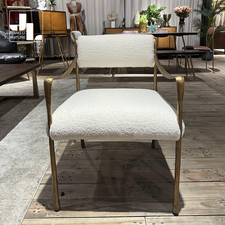 Nordic vintage style hotel living room single sofa chair forged metal frame fabric leisure accent chair furniture