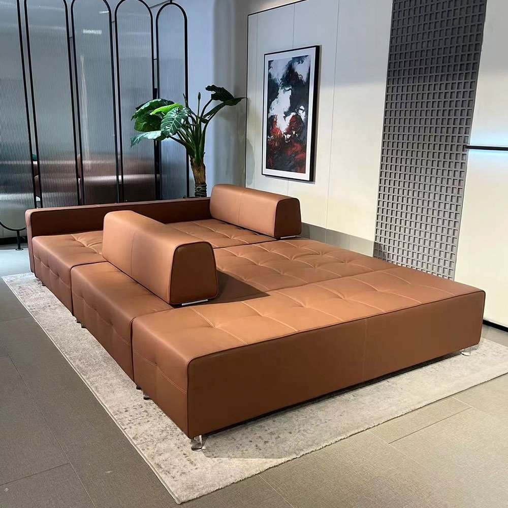 European Design Deluxe Modular Sofa Set Genuine Leather with Solid Wood Frame Home Living Room Villa Hotel Lobby Functionality