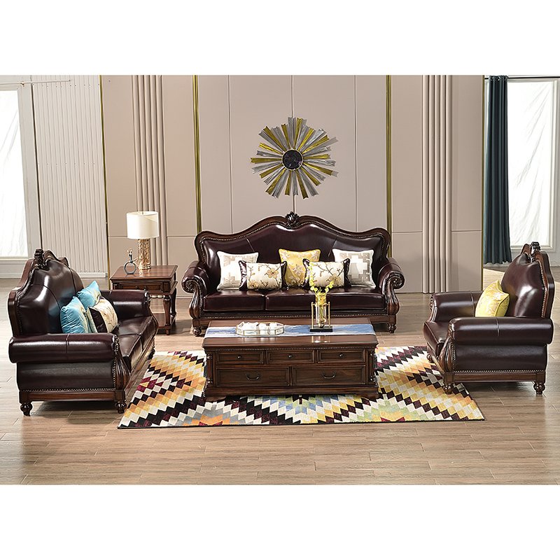 Solid wood sofa black walnut leather sofa combination simple retro living room sofa furniture