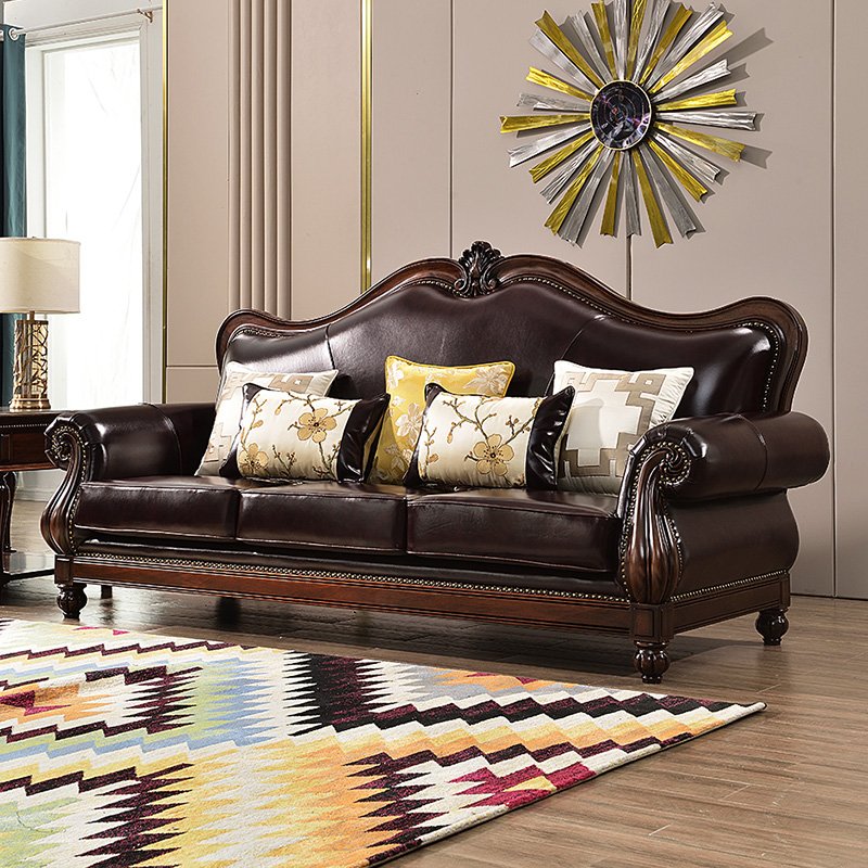 Solid wood sofa black walnut leather sofa combination simple retro living room sofa furniture