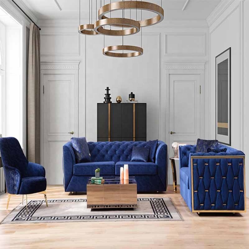 C900 Living room three seat Velvet Sofa Set with Gold Design modern furniture hotel sofa