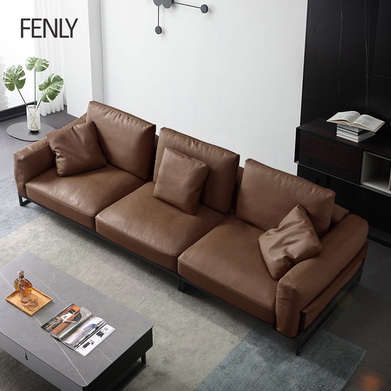Modern Italian Leather Sofa Chair Minimalist Lounge Sets for Living Room Genuine Leather Sectional Furniture with Wood Material