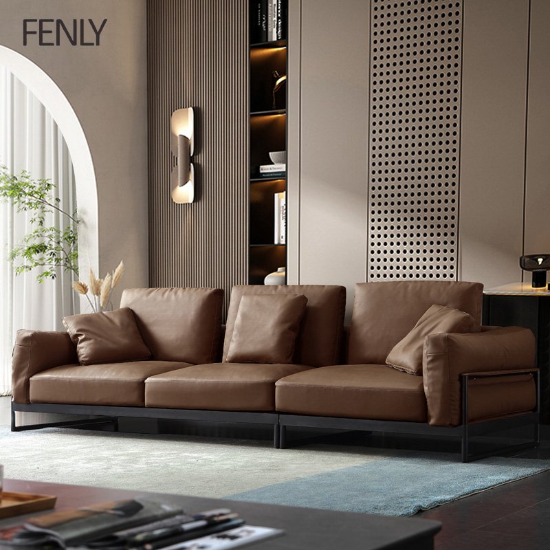 Modern Italian Leather Sofa Chair Minimalist Lounge Sets for Living Room Genuine Leather Sectional Furniture with Wood Material