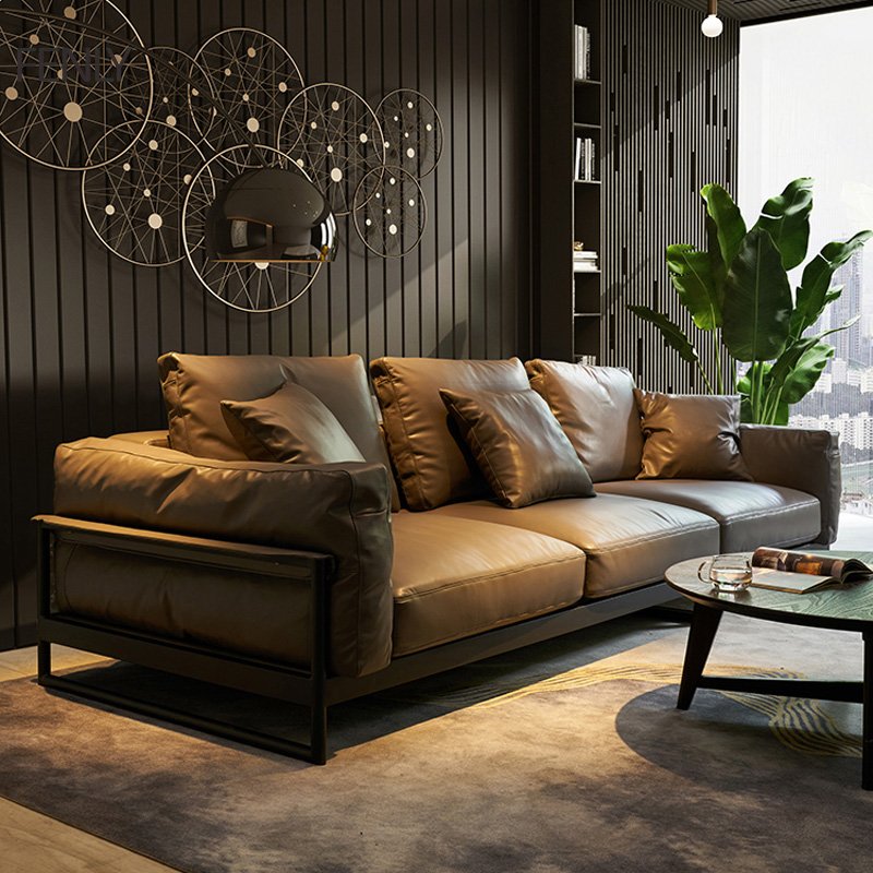 Modern Italian Leather Sofa Chair Minimalist Lounge Sets for Living Room Genuine Leather Sectional Furniture with Wood Material
