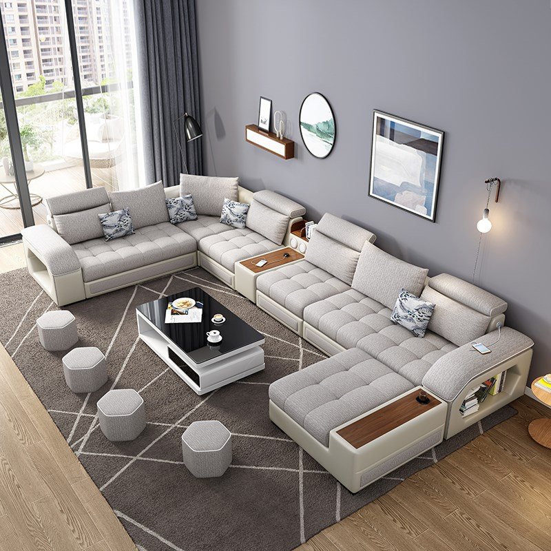 Modern Living Room Sofas Set 7 Seater U Shaped Reclinable Couches Luxury Microfiber Fabric Sectional Sofa for Home Furniture