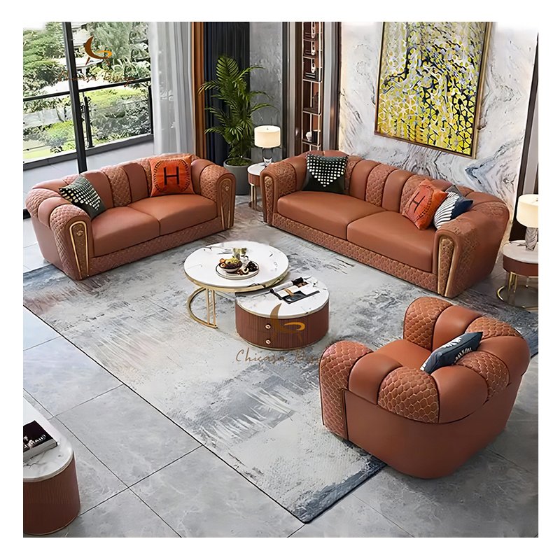 Italy New Design Modern Steel Furniture Sofa Luxury Living Room Leather Sofa Set