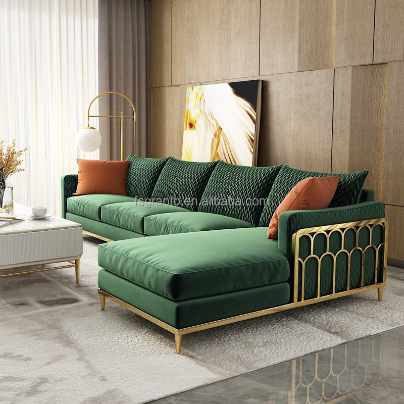 Soft Fabric Living Room Sofa Velvet Fabric L Shape Sofa With Stainless Steel Base