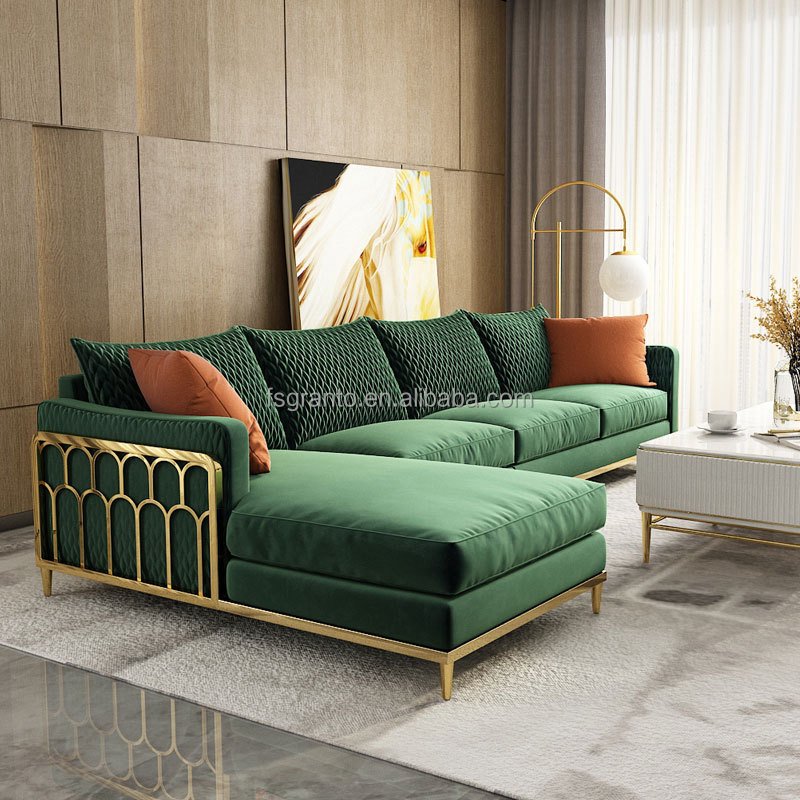 Soft Fabric Living Room Sofa Velvet Fabric L Shape Sofa With Stainless Steel Base