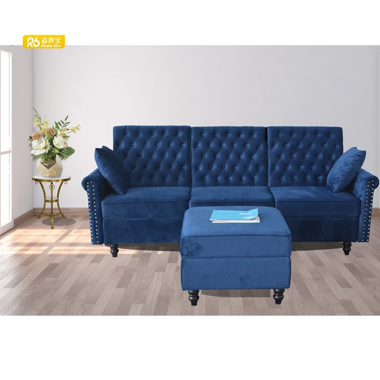 living room luxury antique sofas hot sale modern blue velvet chesterfield sofa 3 seat with stool