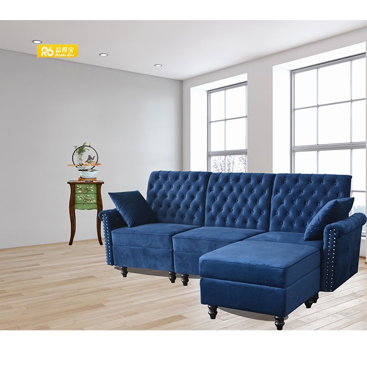 living room luxury antique sofas hot sale modern blue velvet chesterfield sofa 3 seat with stool