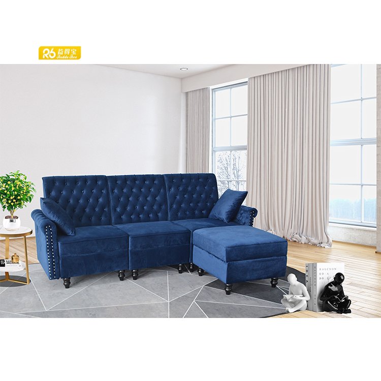 living room luxury antique sofas hot sale modern blue velvet chesterfield sofa 3 seat with stool