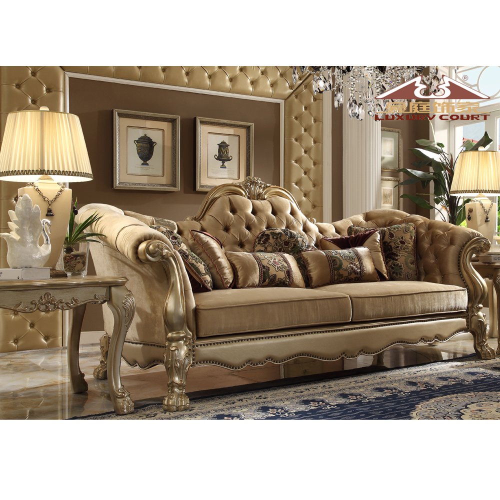 Longhao Classical Luxury European Design Living Room Sofa Royal Couch set Golden Combination Genuine Leather Sofa