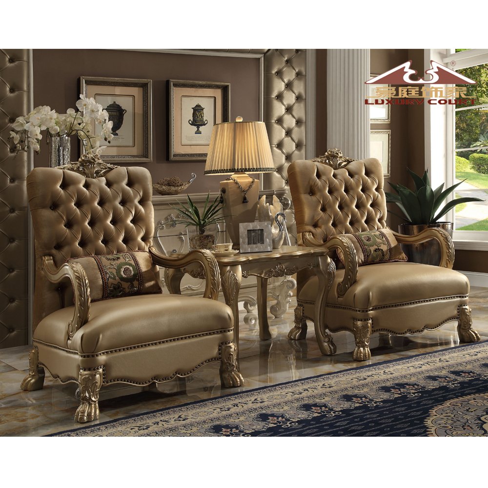 Longhao Classical Luxury European Design Living Room Sofa Royal Couch set Golden Combination Genuine Leather Sofa