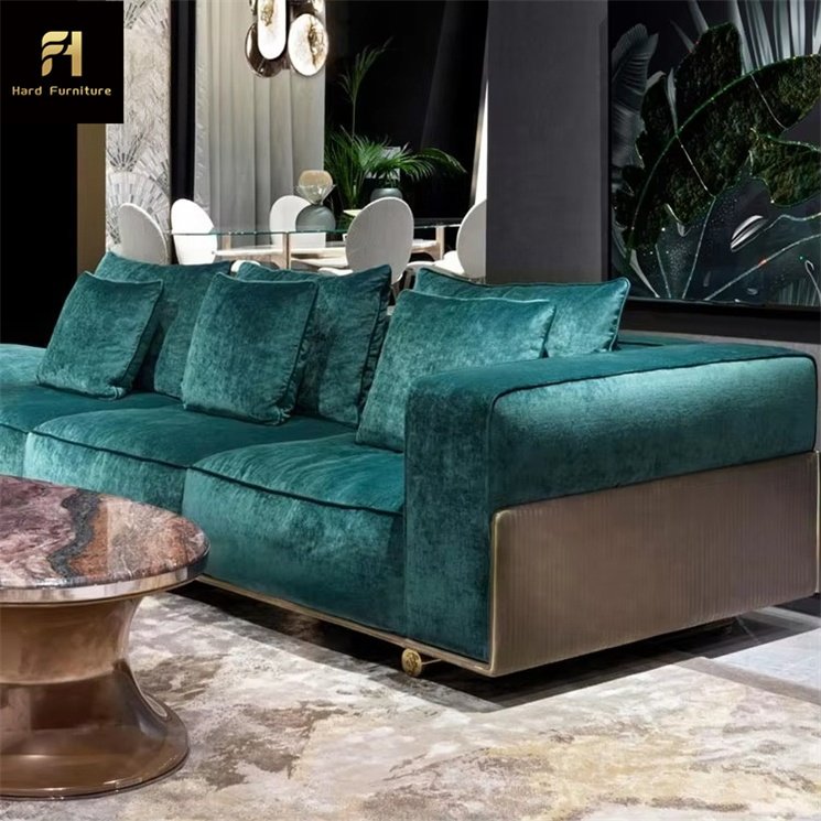 Luxury Design Home Furniture Modern Green Sofa Big Sectional Leather High Quality Stainless Steel Living Room Sofa
