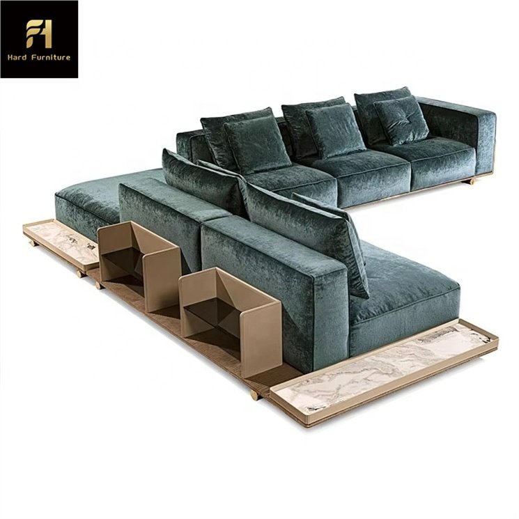 Luxury Design Home Furniture Modern Green Sofa Big Sectional Leather High Quality Stainless Steel Living Room Sofa