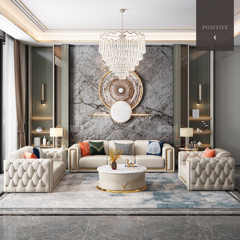 Cream color luxury genuine real leather l shape single two three seater sofa set with wood structure combination