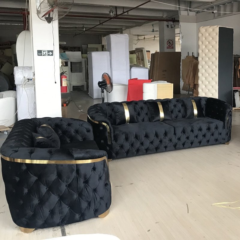 Modern Living Room Velvet Fabric Sweet Sofa Set With Gold Stainless Steel for home office hotel chesterfield couch sofas