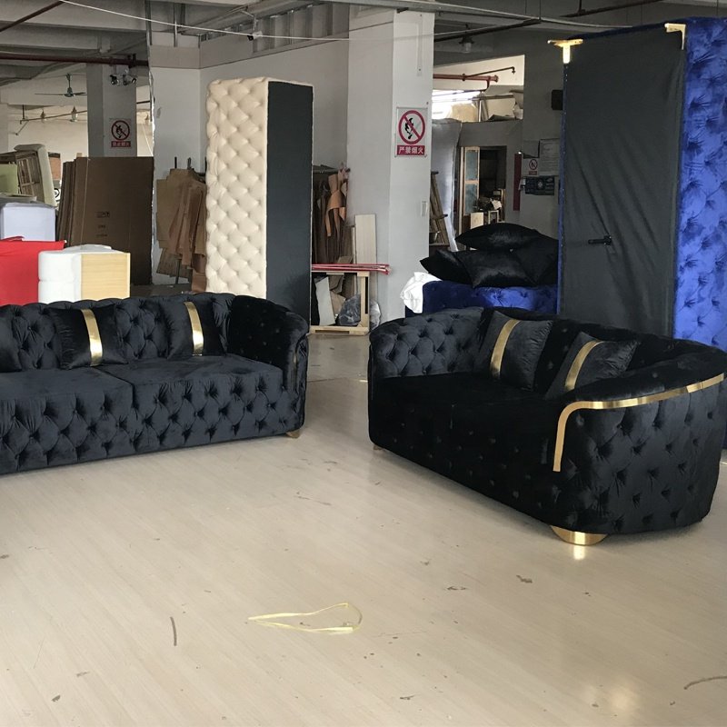Modern Living Room Velvet Fabric Sweet Sofa Set With Gold Stainless Steel for home office hotel chesterfield couch sofas