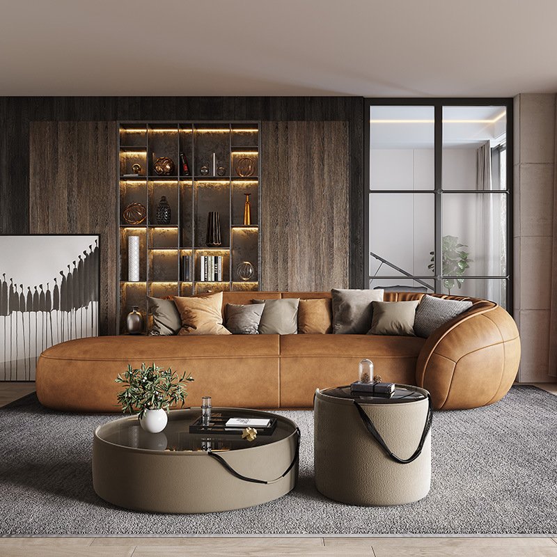 Genuine leather sofa Italian minimalist and luxurious modern minimalist living room, straight row three seater leather art sofa