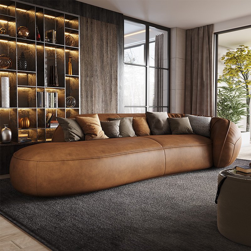 Genuine leather sofa Italian minimalist and luxurious modern minimalist living room, straight row three seater leather art sofa