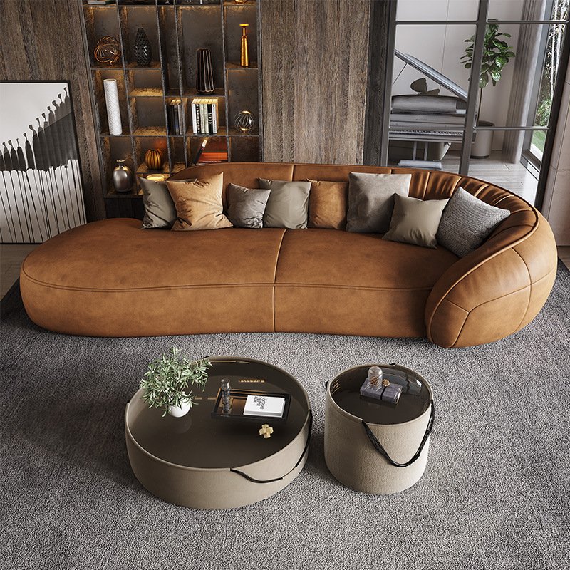 Genuine leather sofa Italian minimalist and luxurious modern minimalist living room, straight row three seater leather art sofa