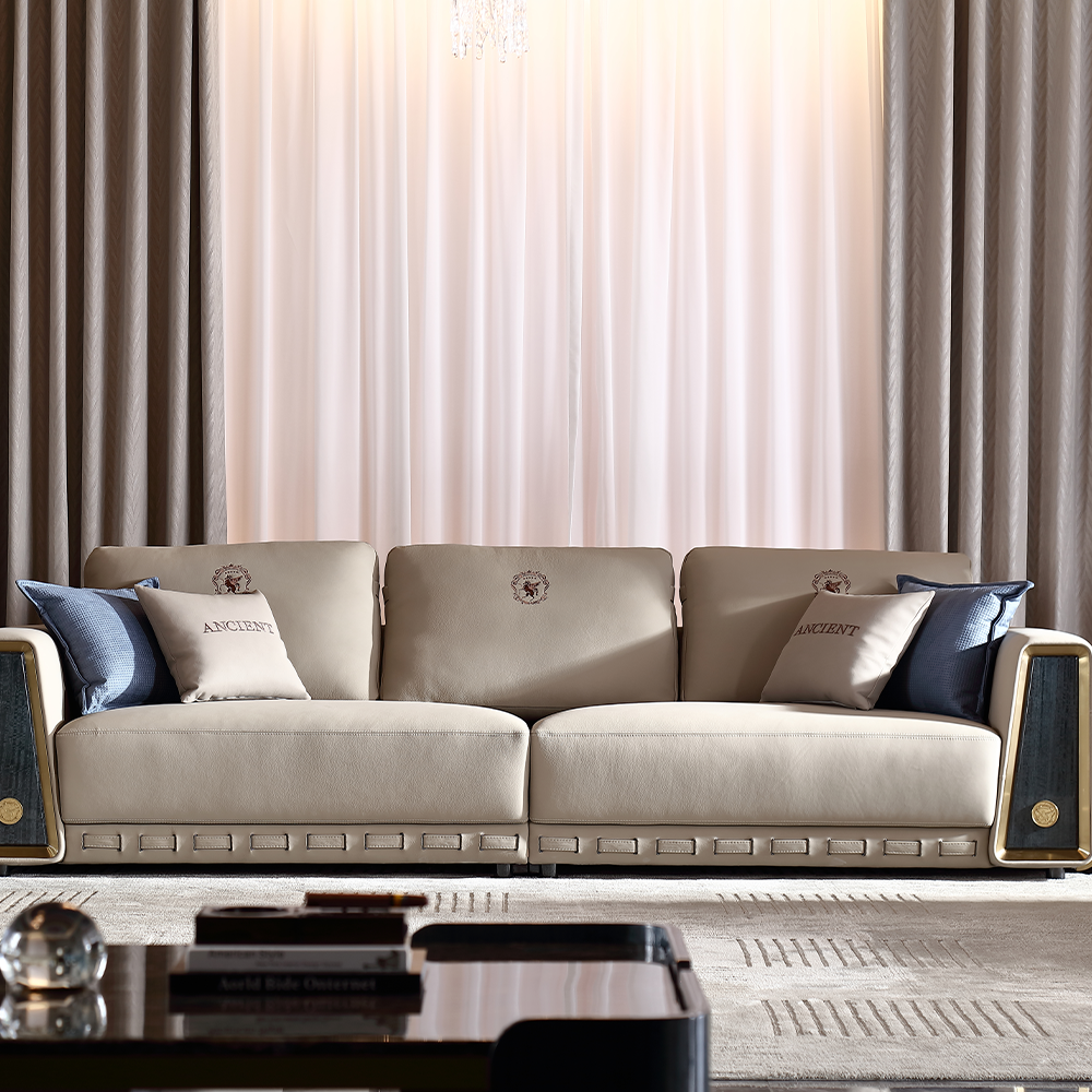 Italian Minimalist Genuine Leather Sofa Living Room Sofa Set Straight Row Three Seater Furniture Sofa