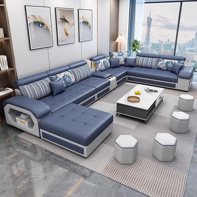 Modern Multifunctional U-Shaped Sofa Set Living Room Furniture Corner Sofa with Speakers 7 Seater Fabric Sofa Set