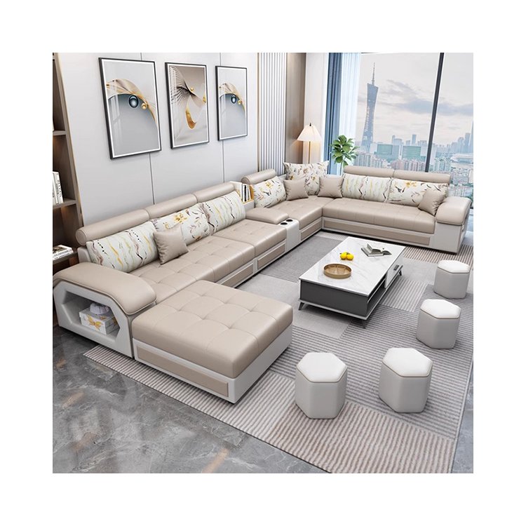 Modern Multifunctional U-Shaped Sofa Set Living Room Furniture Corner Sofa with Speakers 7 Seater Fabric Sofa Set