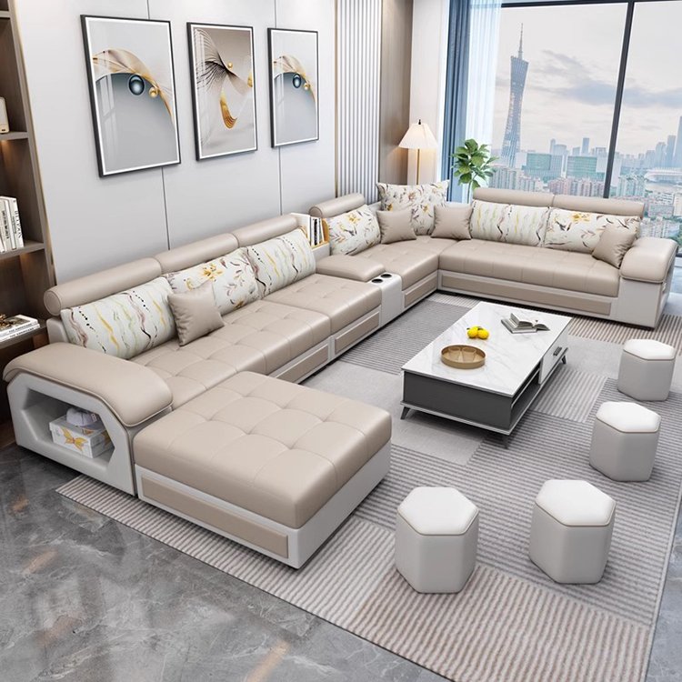 Modern Multifunctional U-Shaped Sofa Set Living Room Furniture Corner Sofa with Speakers 7 Seater Fabric Sofa Set