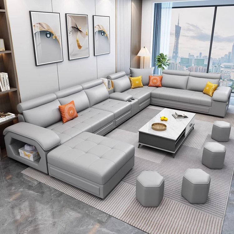 Modern Multifunctional U-Shaped Sofa Set Living Room Furniture Corner Sofa with Speakers 7 Seater Fabric Sofa Set