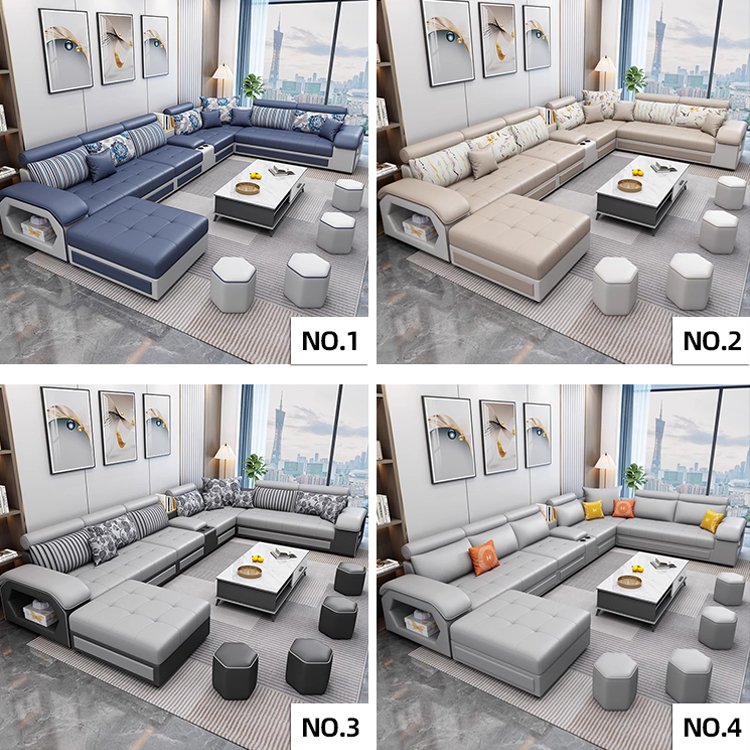 Modern Multifunctional U-Shaped Sofa Set Living Room Furniture Corner Sofa with Speakers 7 Seater Fabric Sofa Set