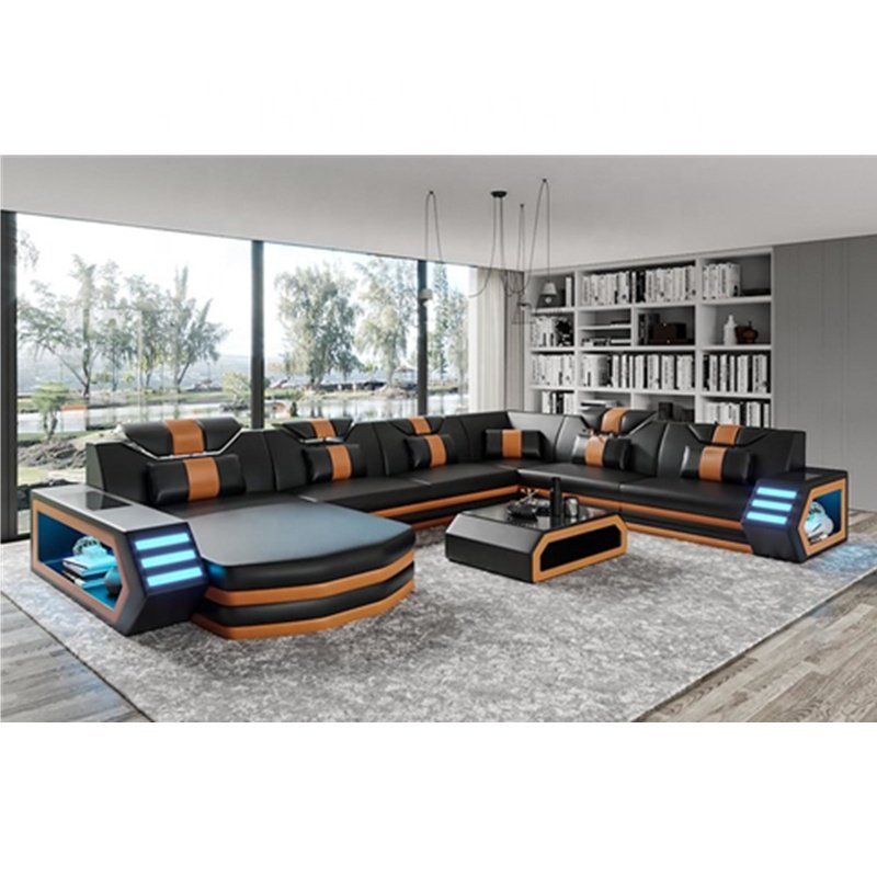 Modern Design L Shaped Sectional Grey Black Red White Living Room Leather Sofas with Led Lights and Storage