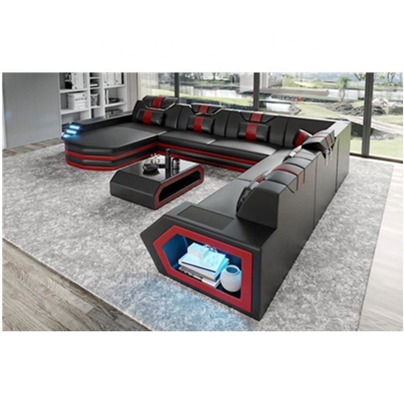 Modern Design L Shaped Sectional Grey Black Red White Living Room Leather Sofas with Led Lights and Storage