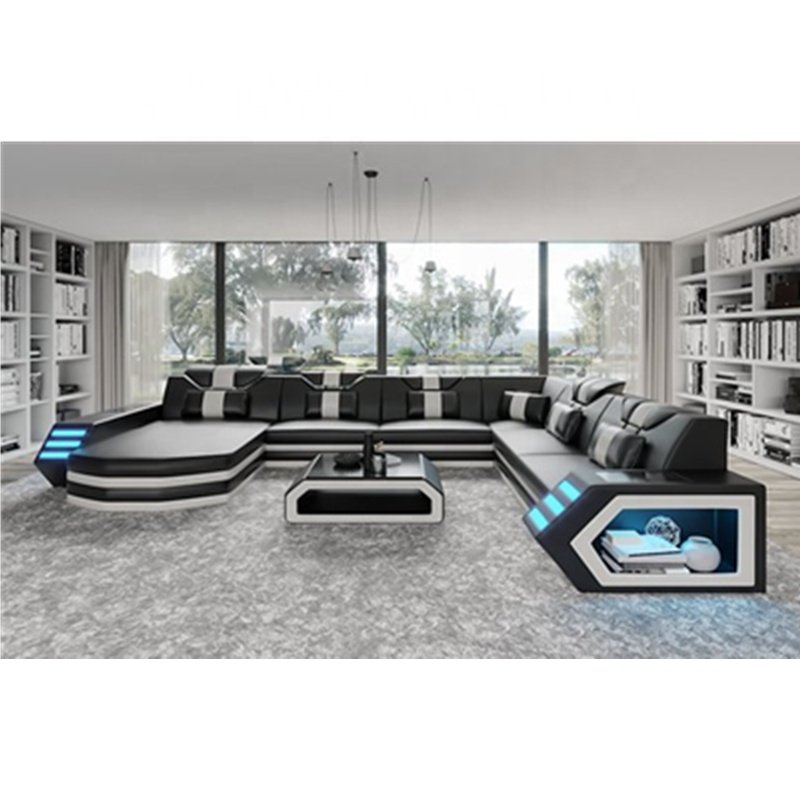Modern Design L Shaped Sectional Grey Black Red White Living Room Leather Sofas with Led Lights and Storage