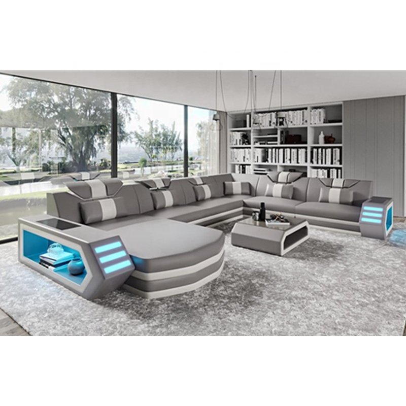 Modern Design L Shaped Sectional Grey Black Red White Living Room Leather Sofas with Led Lights and Storage