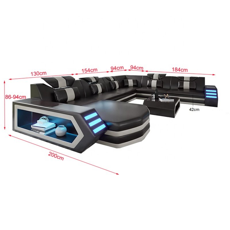 Modern Design L Shaped Sectional Grey Black Red White Living Room Leather Sofas with Led Lights and Storage