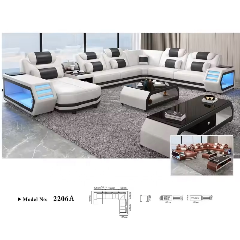 American style hot sale fashion living room sofas white led lights, modern classic luxury genuine leather sofa set