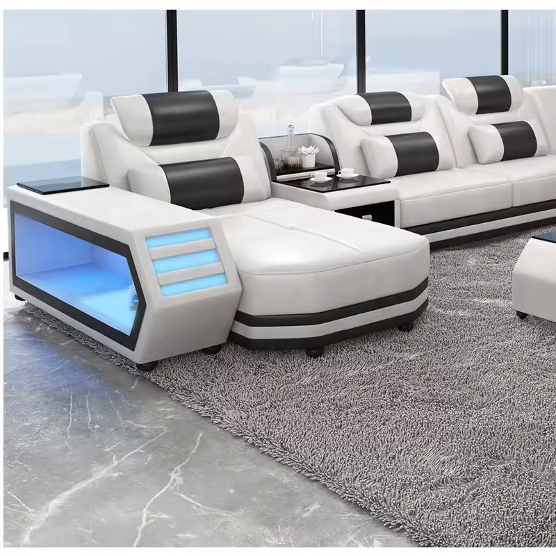 American style hot sale fashion living room sofas white led lights, modern classic luxury genuine leather sofa set