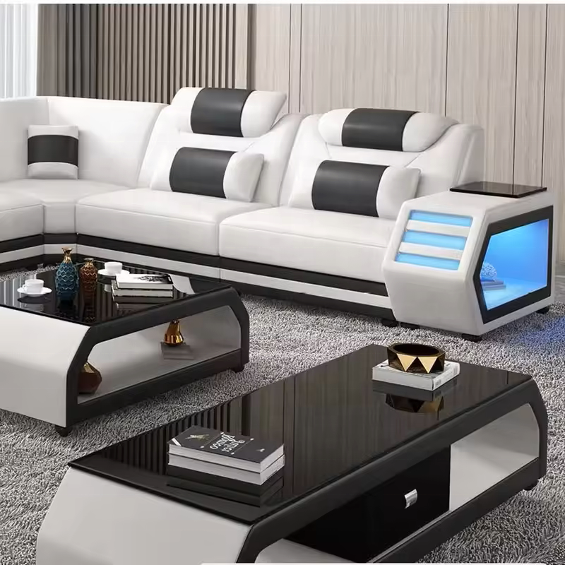 American style hot sale fashion living room sofas white led lights, modern classic luxury genuine leather sofa set