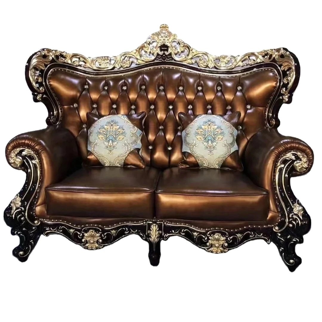 Handmade Luxury Classic French Rococo Dark Brown Silver Leather Carved Wood Sofa Couch Set Living Room European Style Furniture