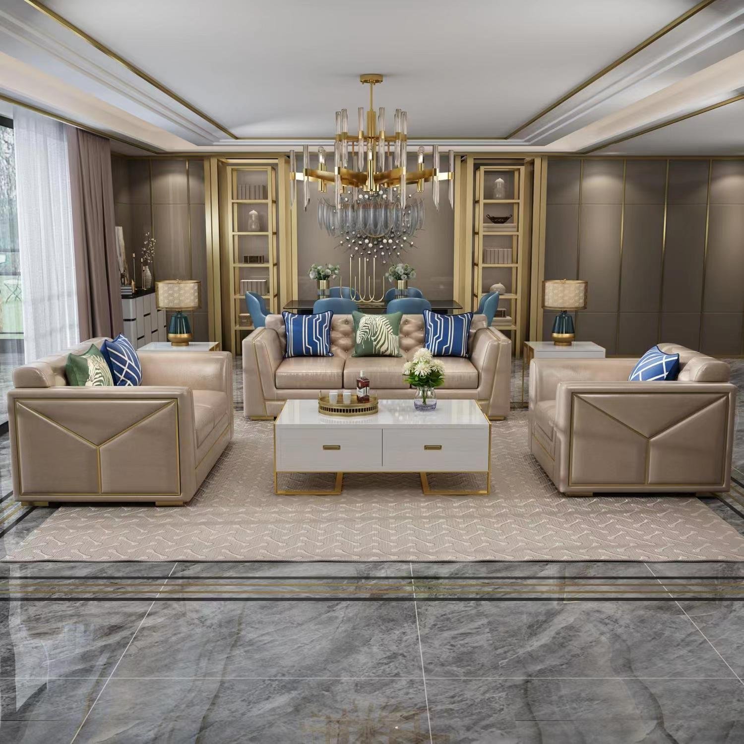 Customization villa apartment italian light leather art luxury sofa armchair set sky blue fancy home furniture living room sofas
